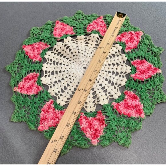 Handmade Crocheted Doily with Pink & Green Floral Design Vintage 14" Round - Picture 5 of 8